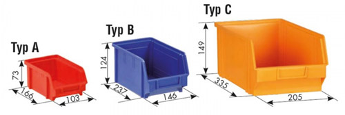 Použité plastové boxy v regálech - rozměry